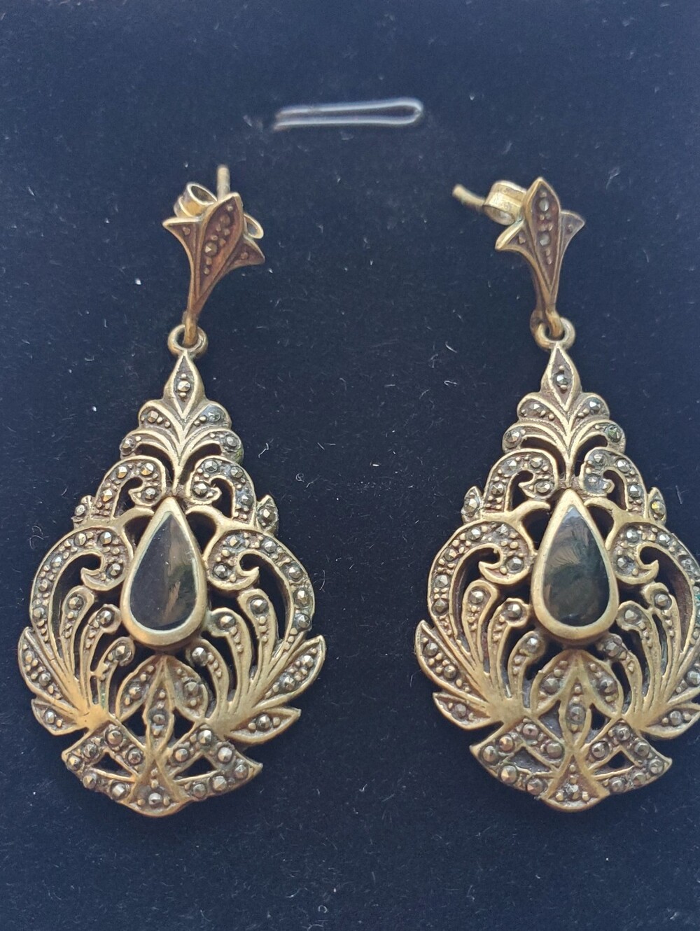 Gold-Tone Filigree Teardrop Earrings with Black Accent